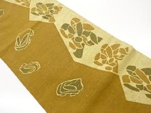 手織り紬斜線に下駄・抽象草花模様織出し開き名古屋帯（額縁仕立て）